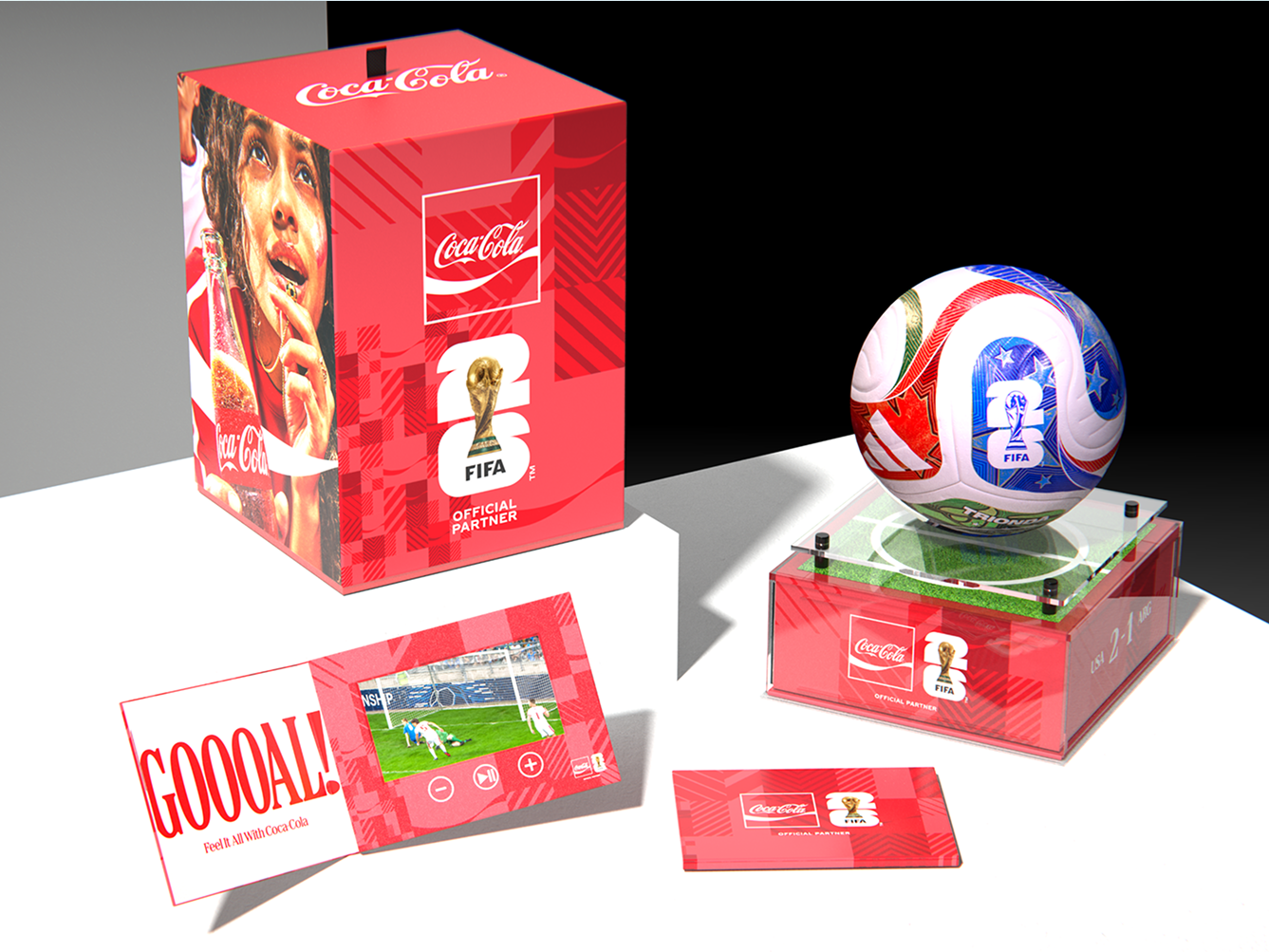Coca‑Cola® FIFA World Cup match ball on illuminated display stand with red collector box and video card showing goal highlight.