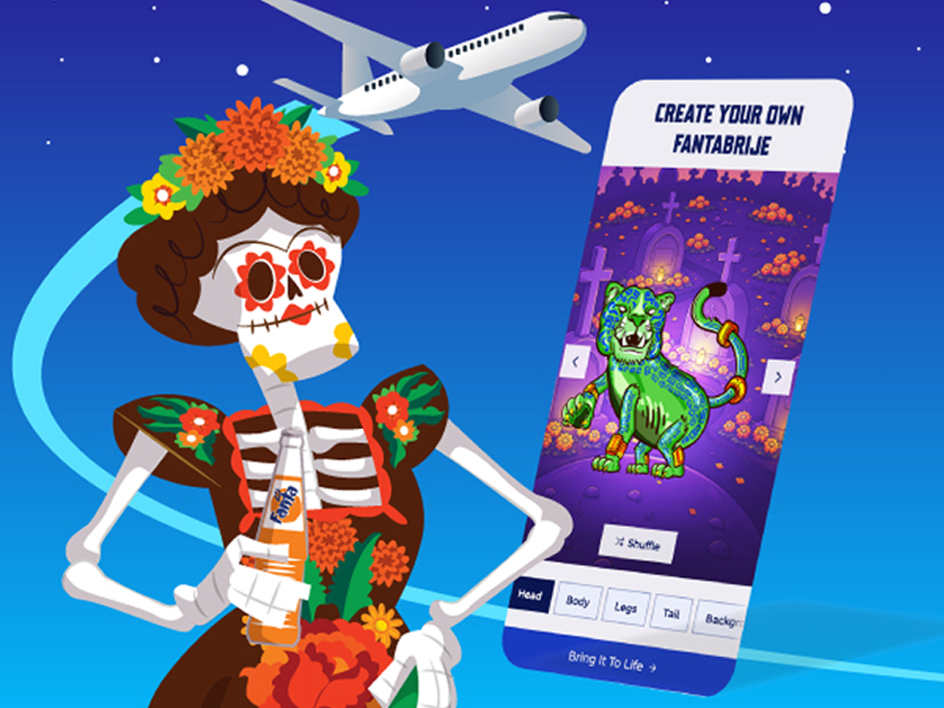 A Day of the Dead skeleton holding Fanta next to a phone screen to Create Your Own Fantabrije below a flying plane.
