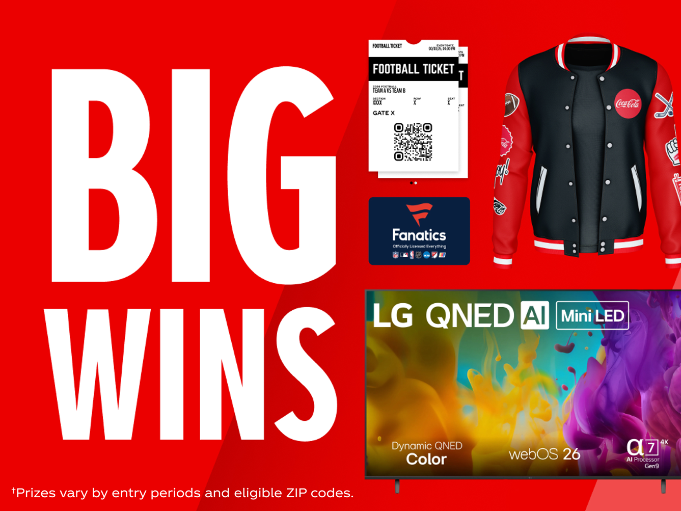 Coca-Cola Big Wins fall football promo tile displaying prizes like tickets, a Fanatics gift card, jacket, and LG TV.