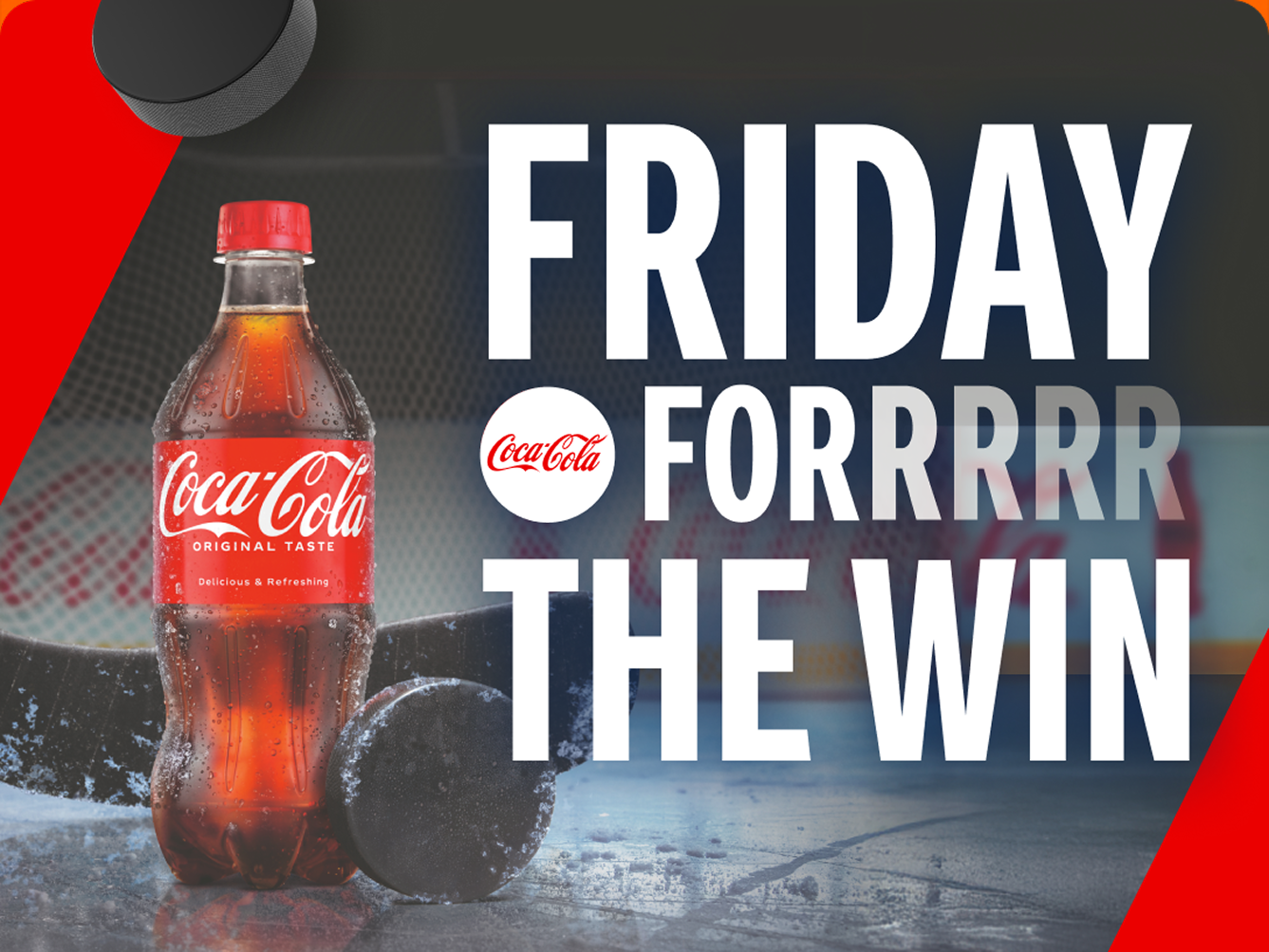 Friday For The Win promo tile featuring a chilled Coca-Cola bottle on the ice alongside a hockey puck and stick