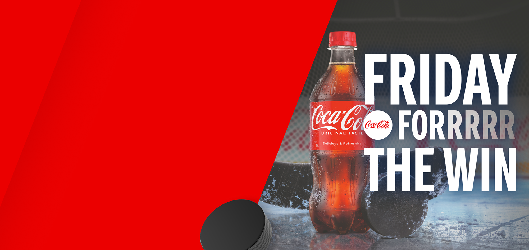 A cold Coca-Cola bottle on the ice beside a hockey stick and puck, featuring the promo text Friday For The Win.