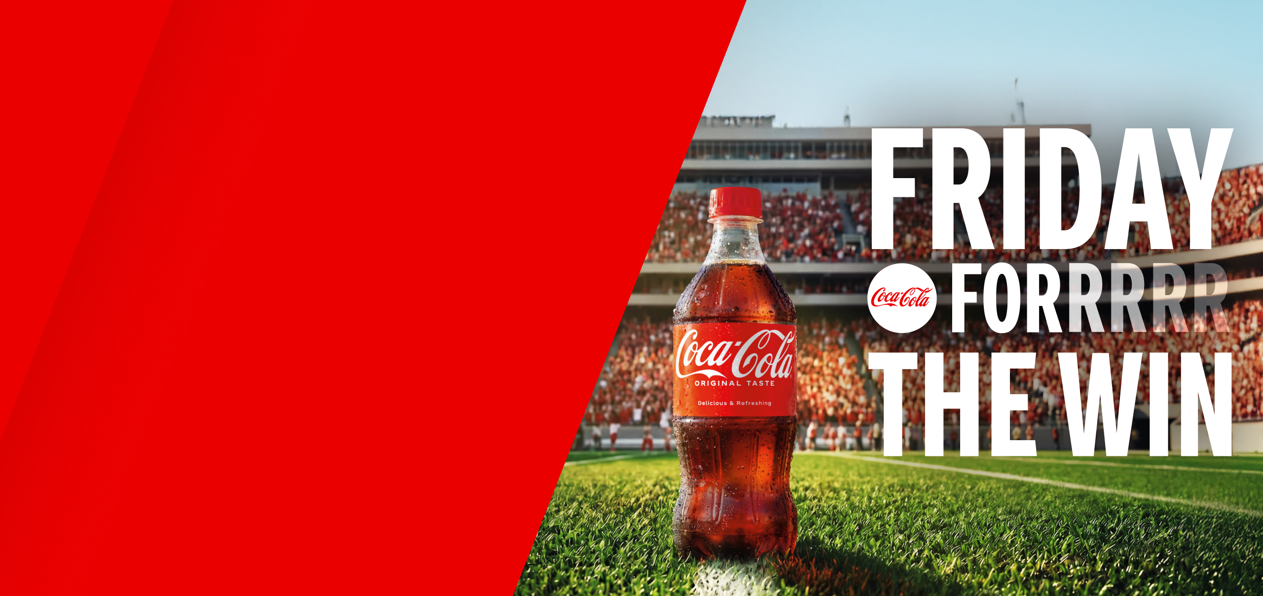 A cold Coca-Cola bottle on a grassy football field in a stadium, below the promo text Friday For The Win.