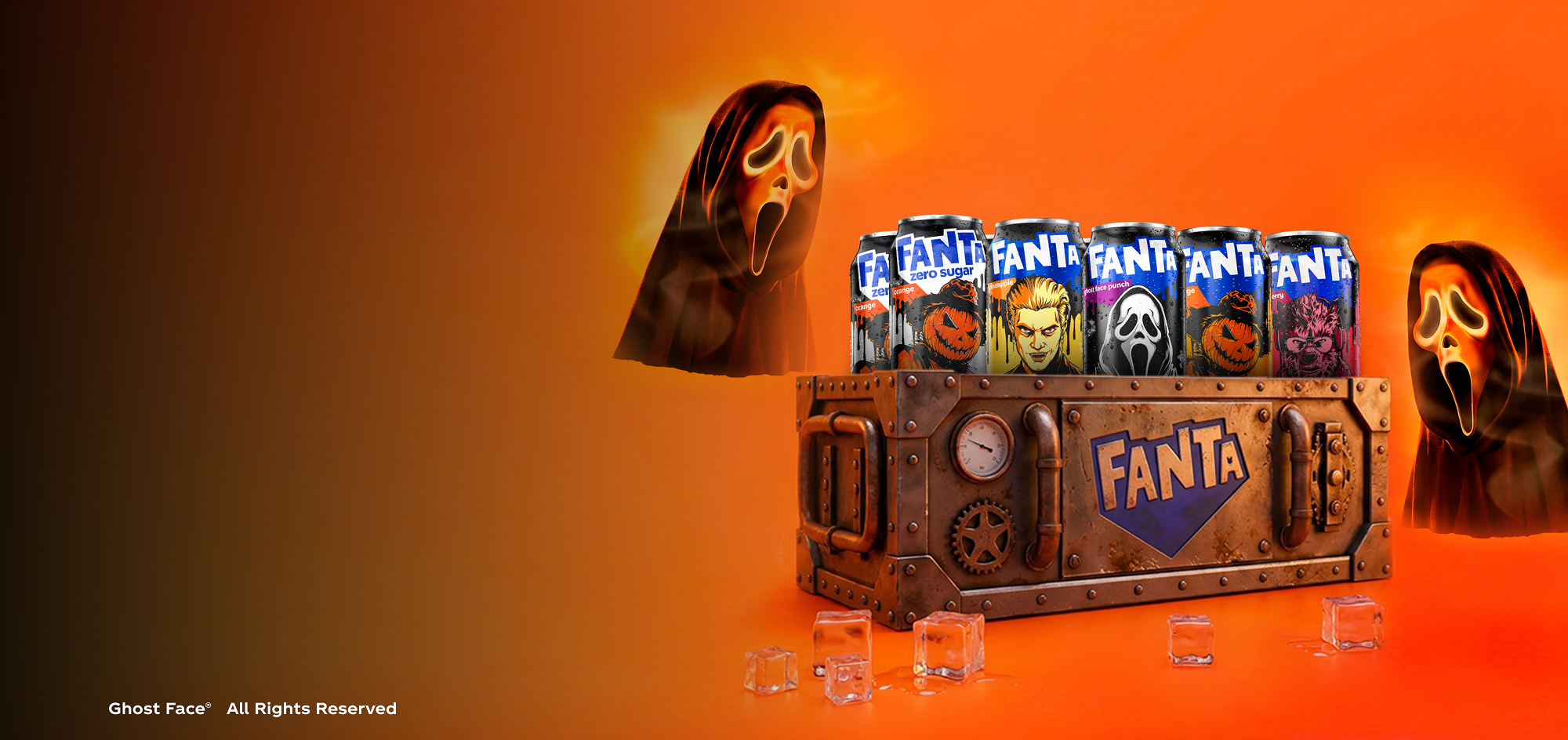 Spooky Fanta Halloween cans inside a rustic metal chest, surrounded by floating Ghost Face figures on an orange backdrop.