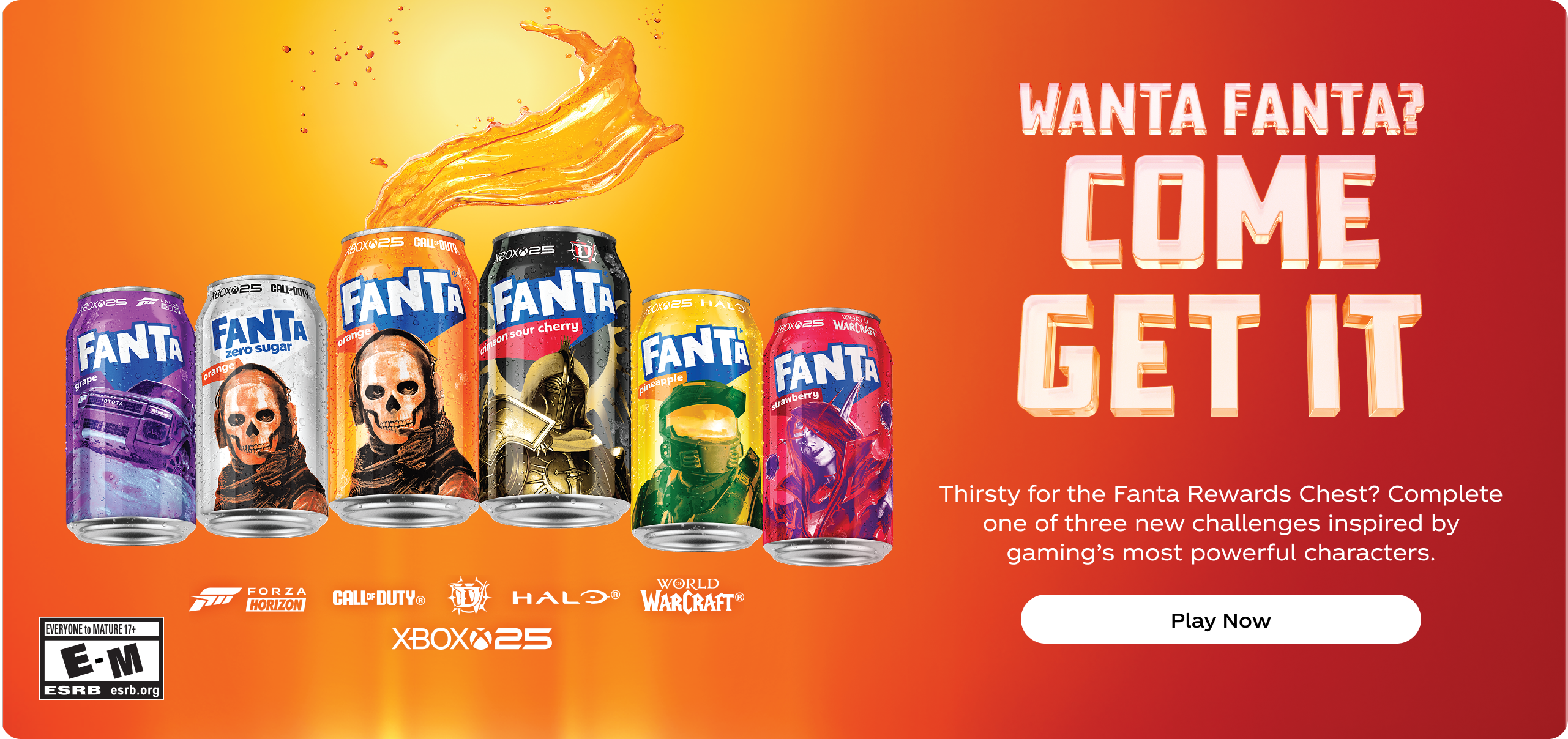 Wanta Fanta home banner with six limited edition Fanta gaming cans, vibrant orange splash background and bold Come Get It Play Now call to action