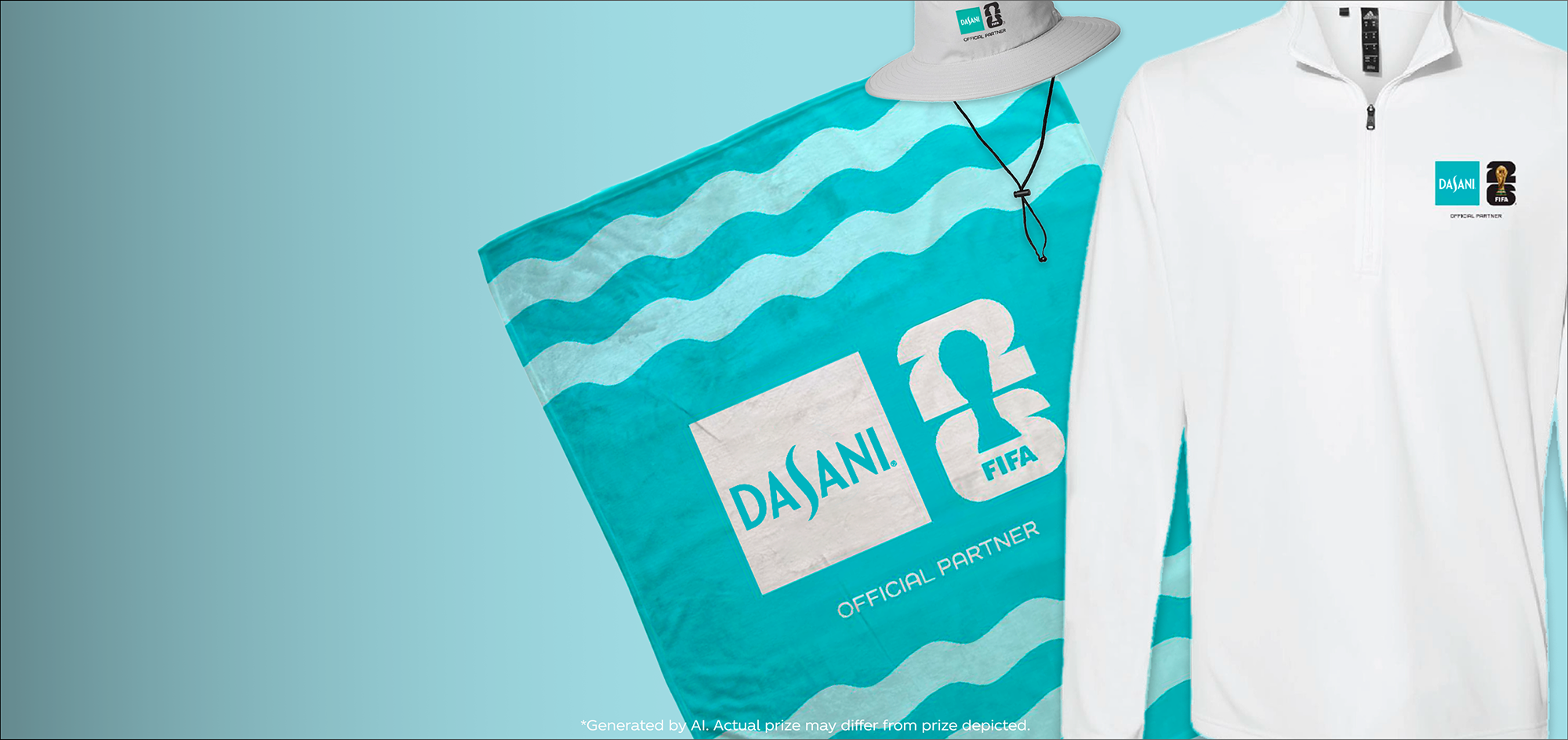 A Dasani and FIFA prize pack featuring a co-branded bucket hat, a teal wavy towel, and a white quarter-zip pullover.