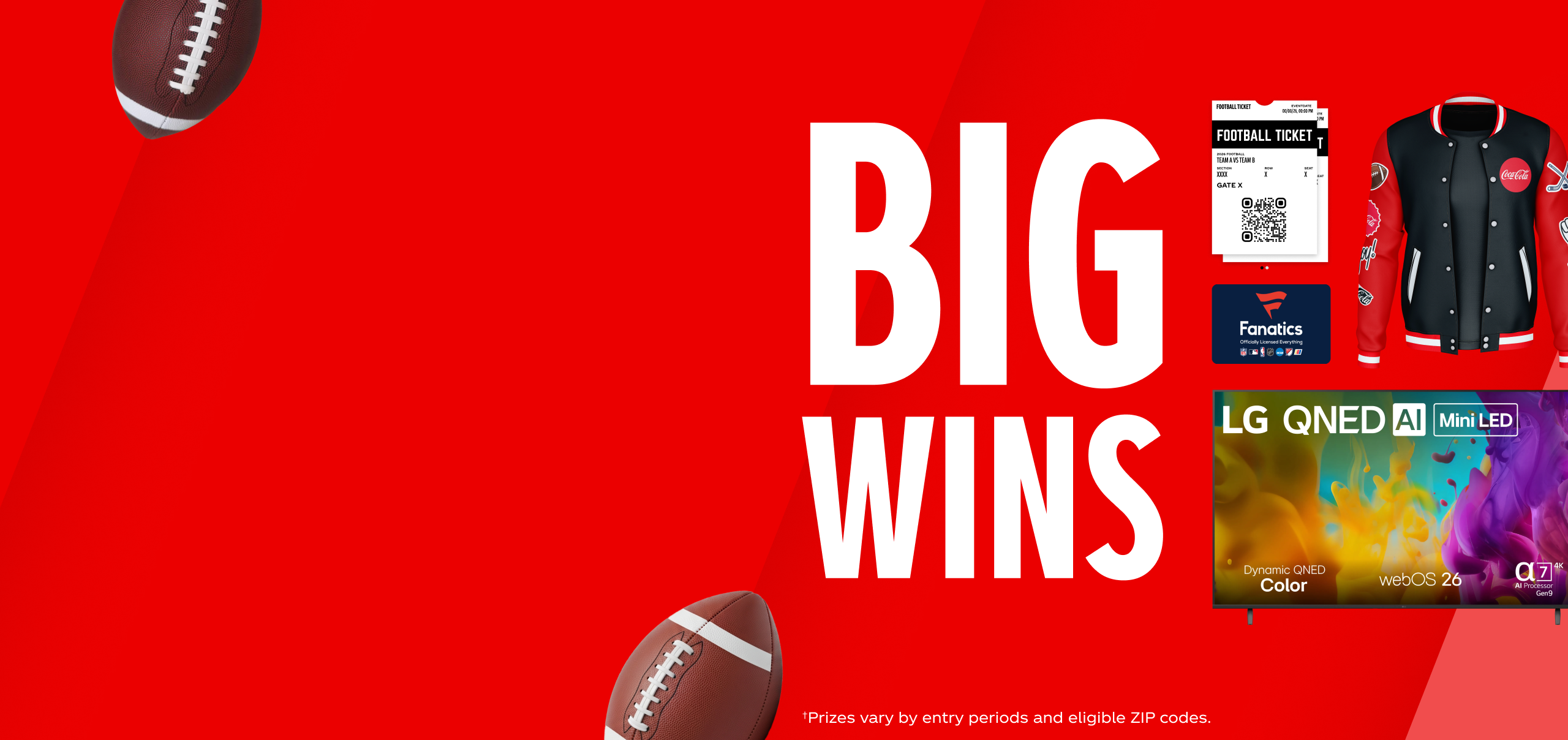 Coca-Cola Big Wins fall football promo banner displaying prizes like tickets, a Fanatics gift card, jacket, and LG TV.