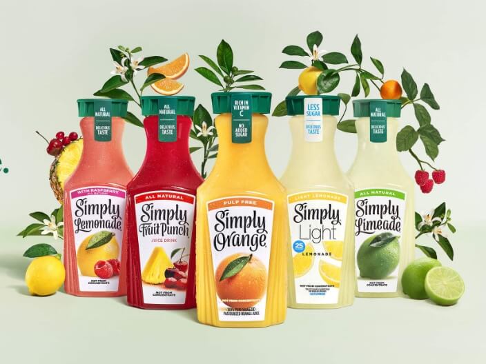 Five bottles of Simply Beverages Juices in different flavors 