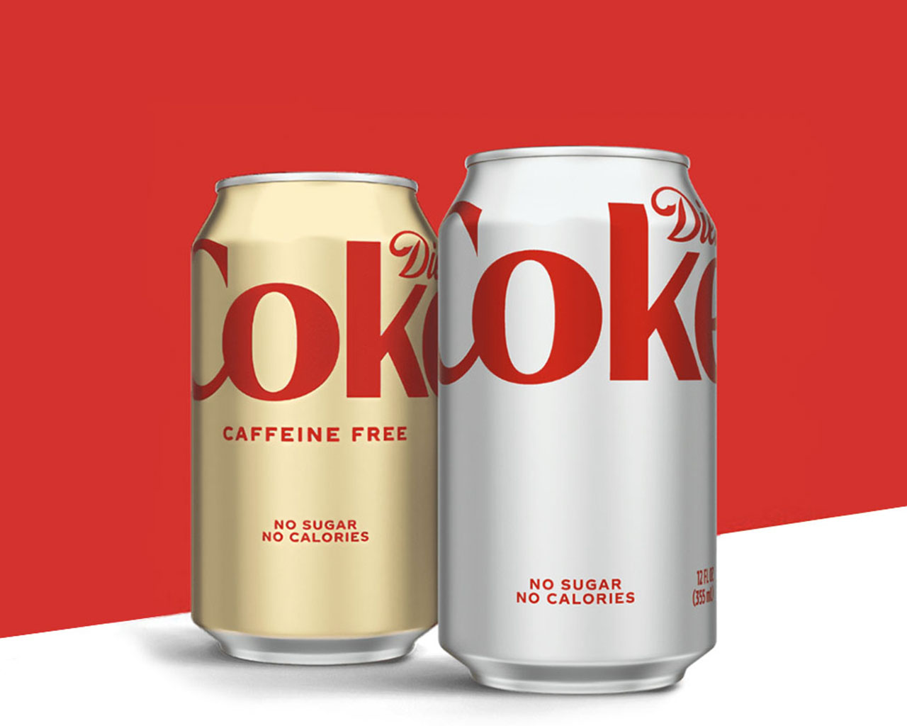 Two Diet Coke cans in front of a red and white background