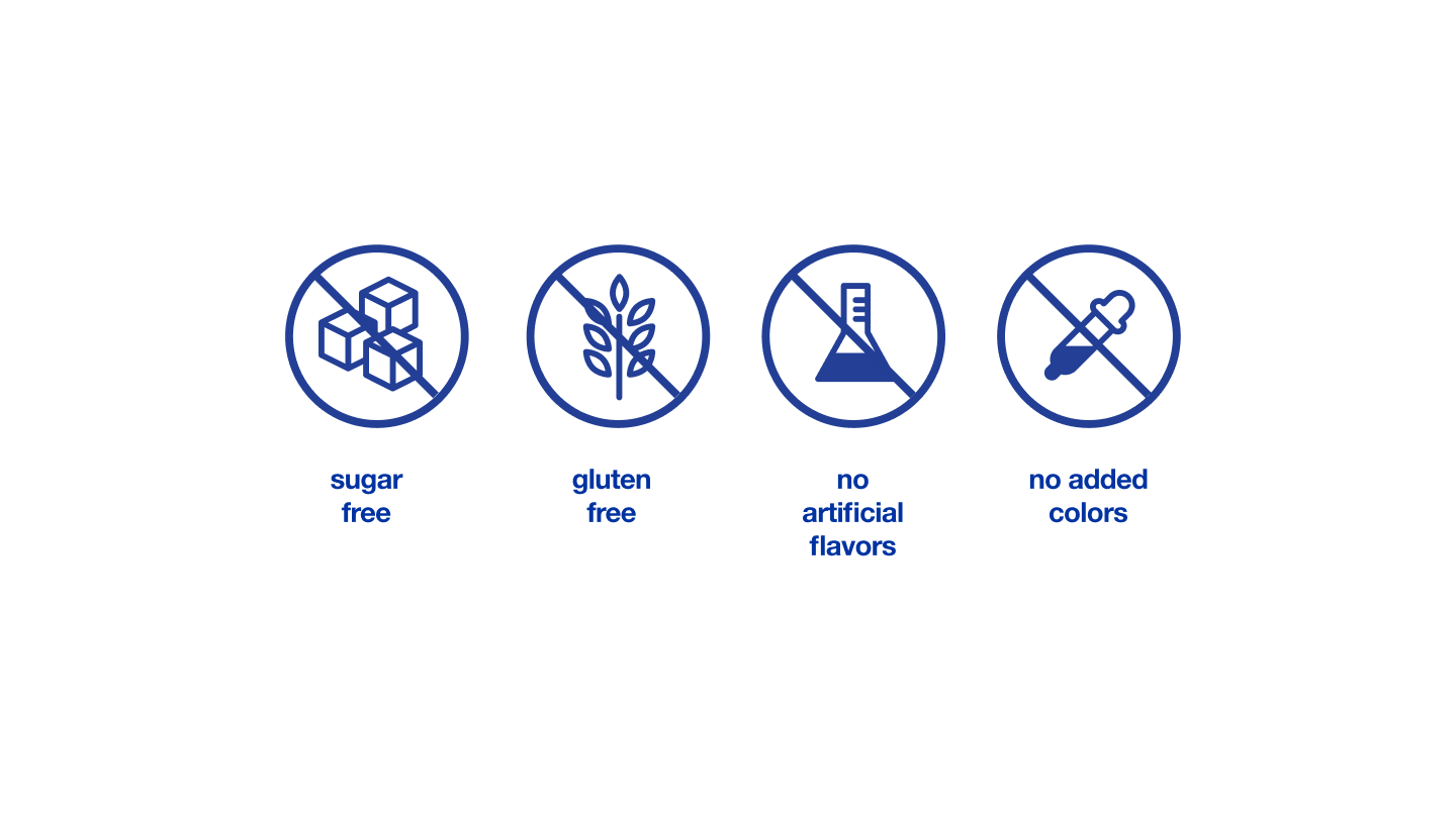 Illustration of sugar free, gluten free, no artificial flavours and no added colors elements