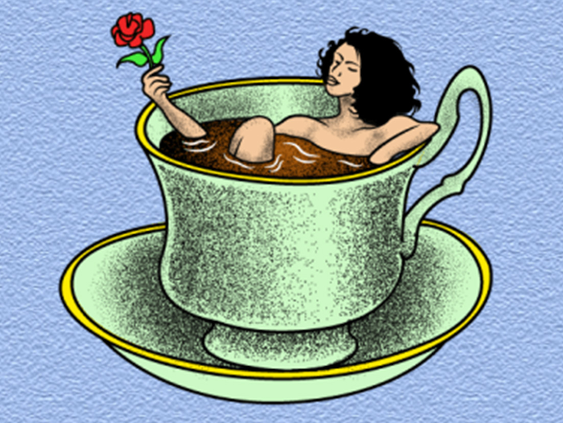 An illustration of a woman in a cup of tea