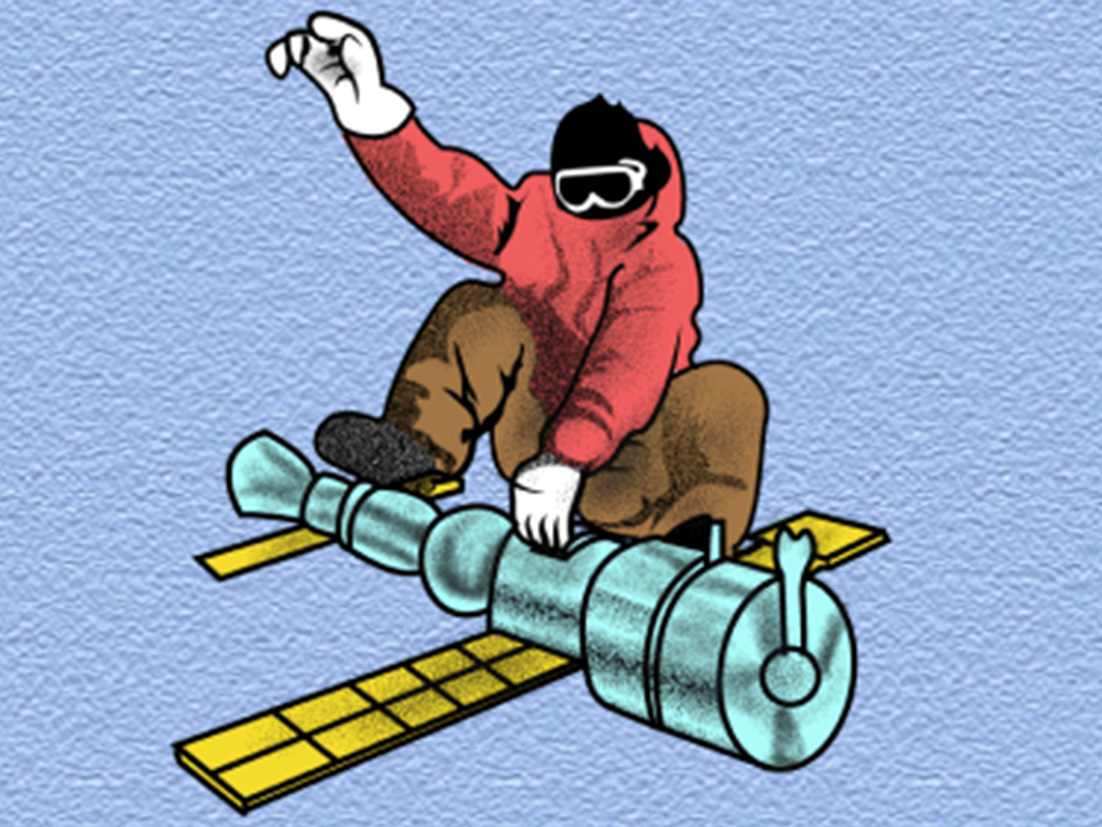 An illustration of a man riding a satellite as a snowboard