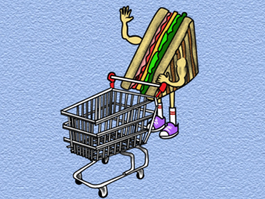 An illustration of a sandwich with a market cart 