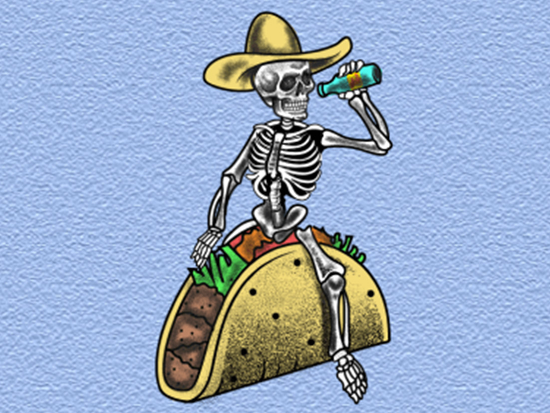 An illustration of a skelleton on top of a taco