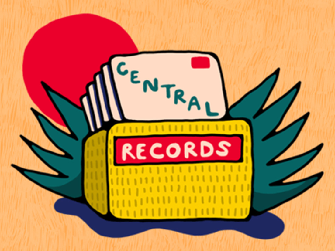 A illustration of a box with records