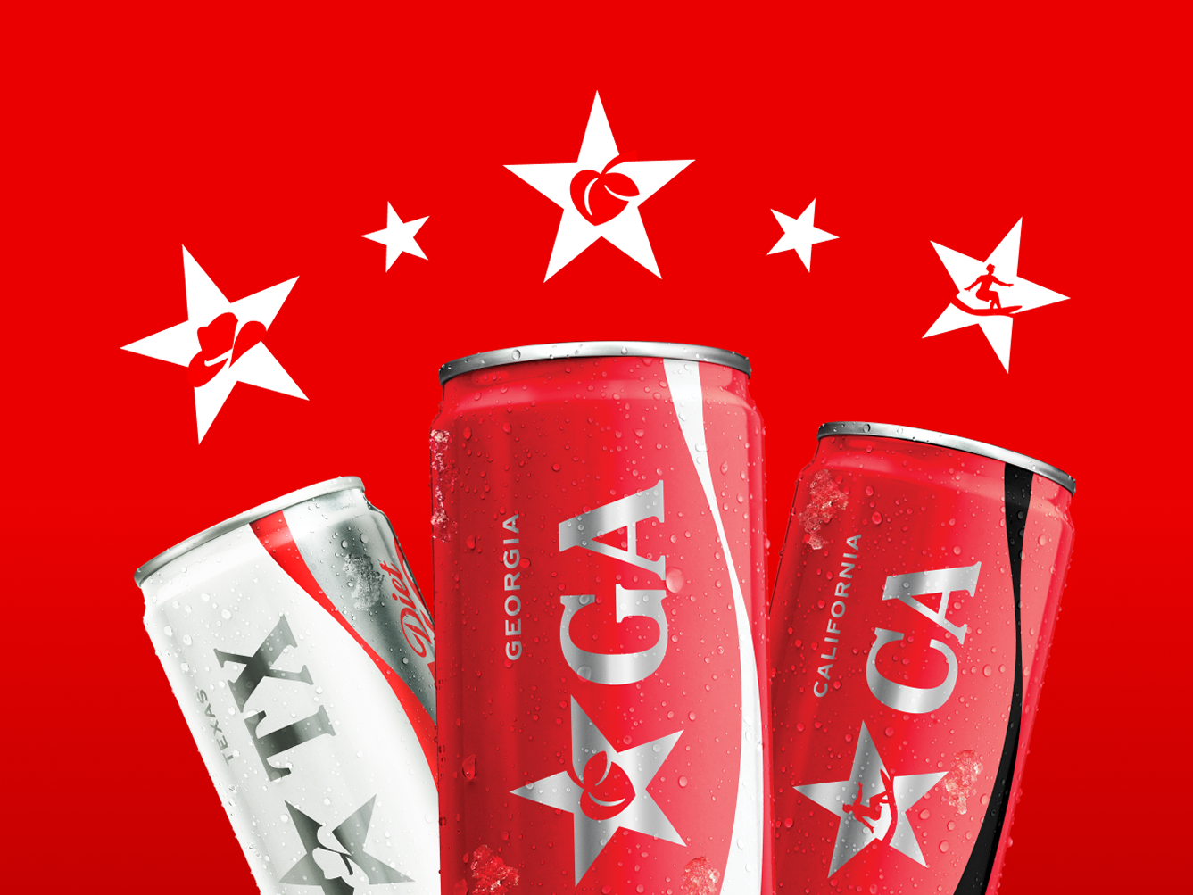 America250 Coca-Cola cans for Texas, Georgia and California with state stars on bright red background