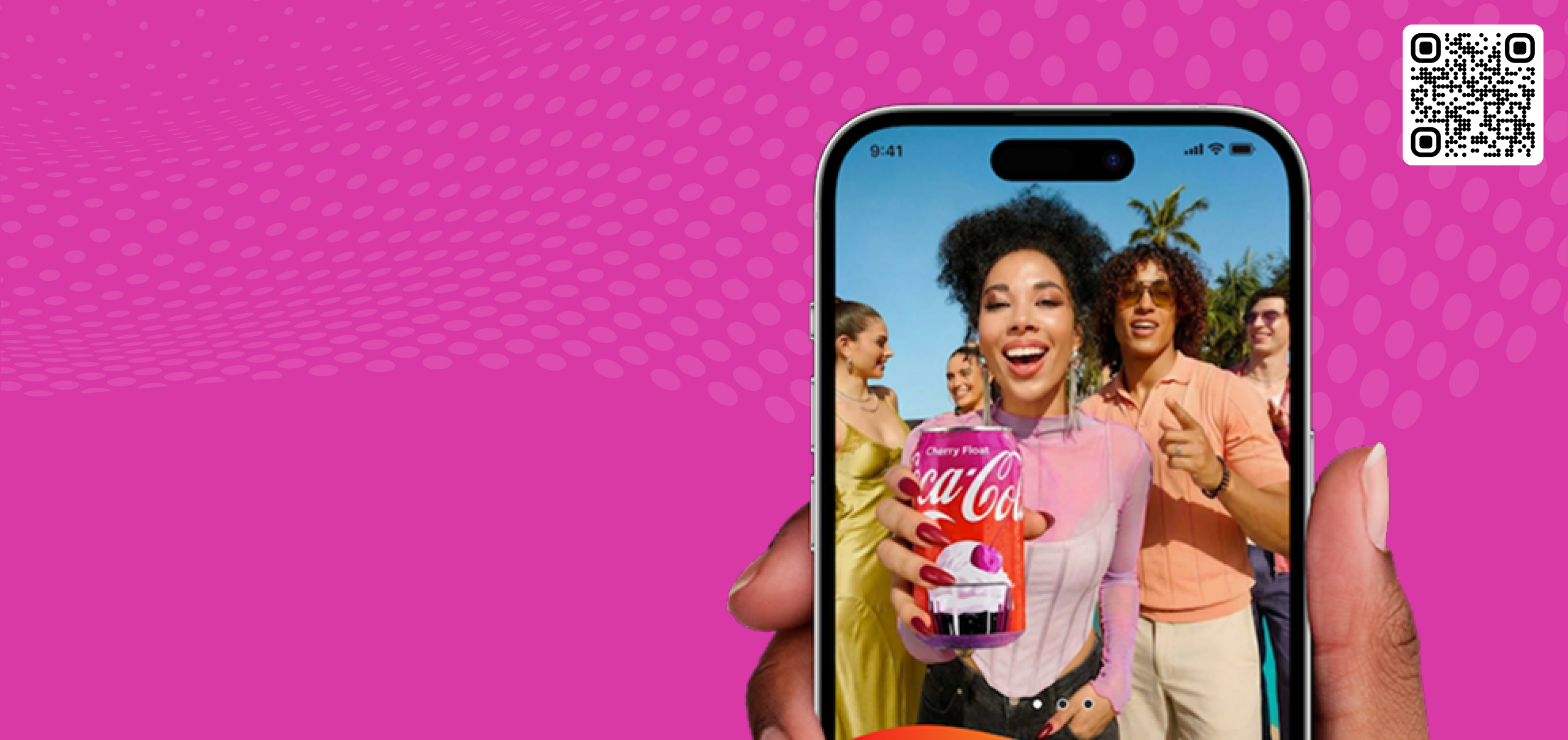 A phone screen shows a woman at an outdoor party holding a Coca-Cola 'Cherry Float' can, on a magenta background with a QR code in the top right corner.