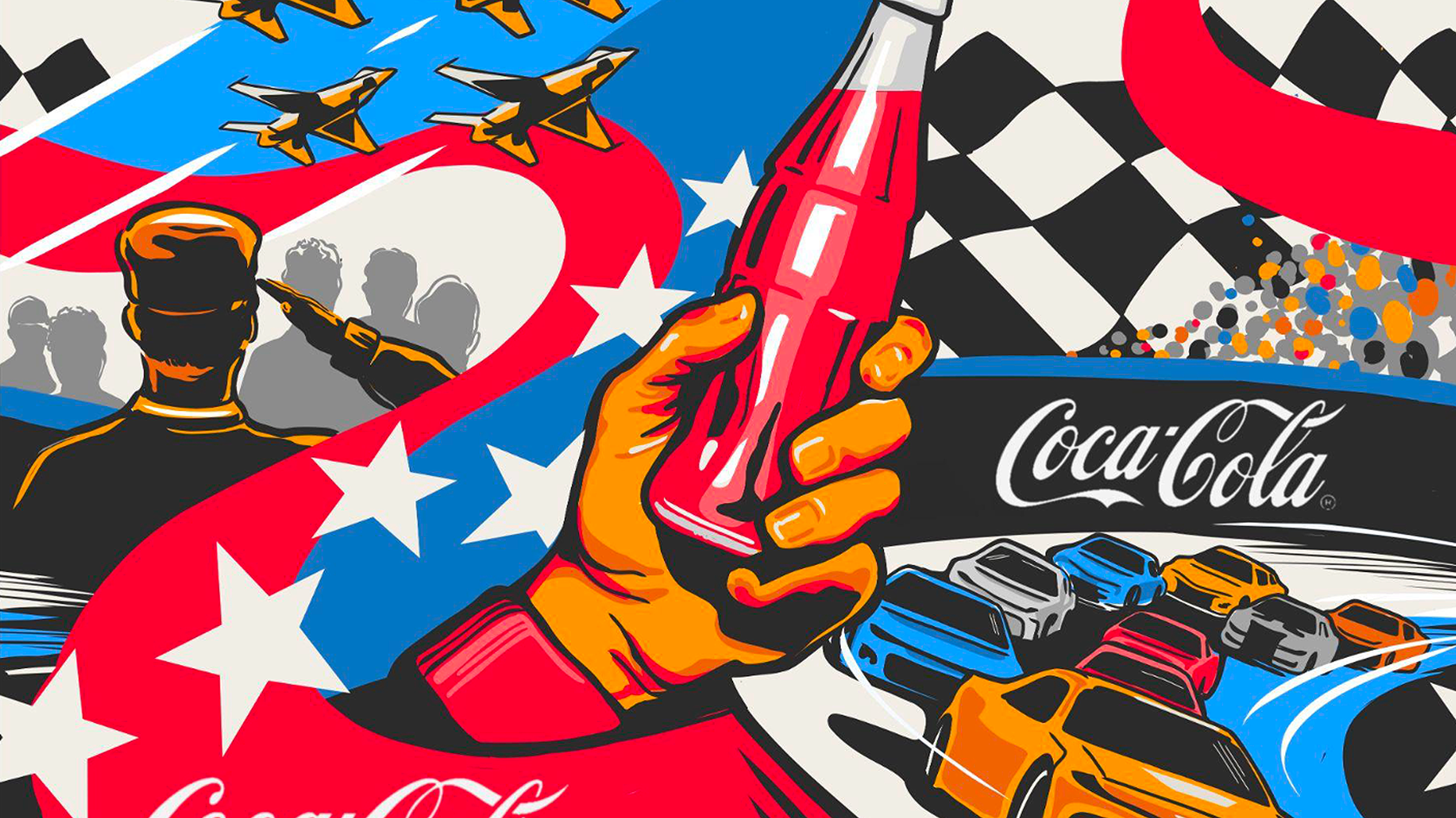 Colorful Coca‑Cola Paint the Nation mural with saluting service member, jets, stars and hand holding red Coke bottle at racetrack.