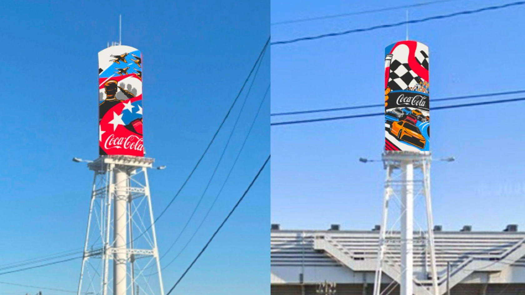Coca‑Cola Paint the Nation water tower murals rising above speedway grandstands, featuring stars, jets and racing scenes.
