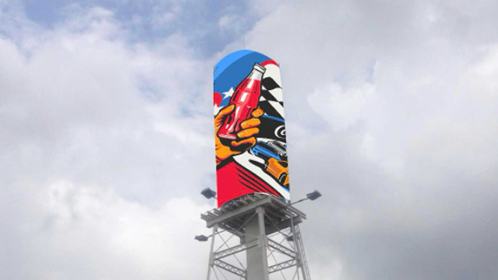 Tall Coca‑Cola Paint the Nation mural on racetrack water tower, with hand holding Coke bottle, checkered flag and race cars.