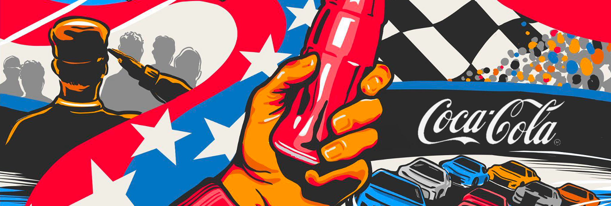 Desktop banner of Coca‑Cola Paint the Nation mural with saluting figure, American flag ribbon, race cars and checkered finish line.