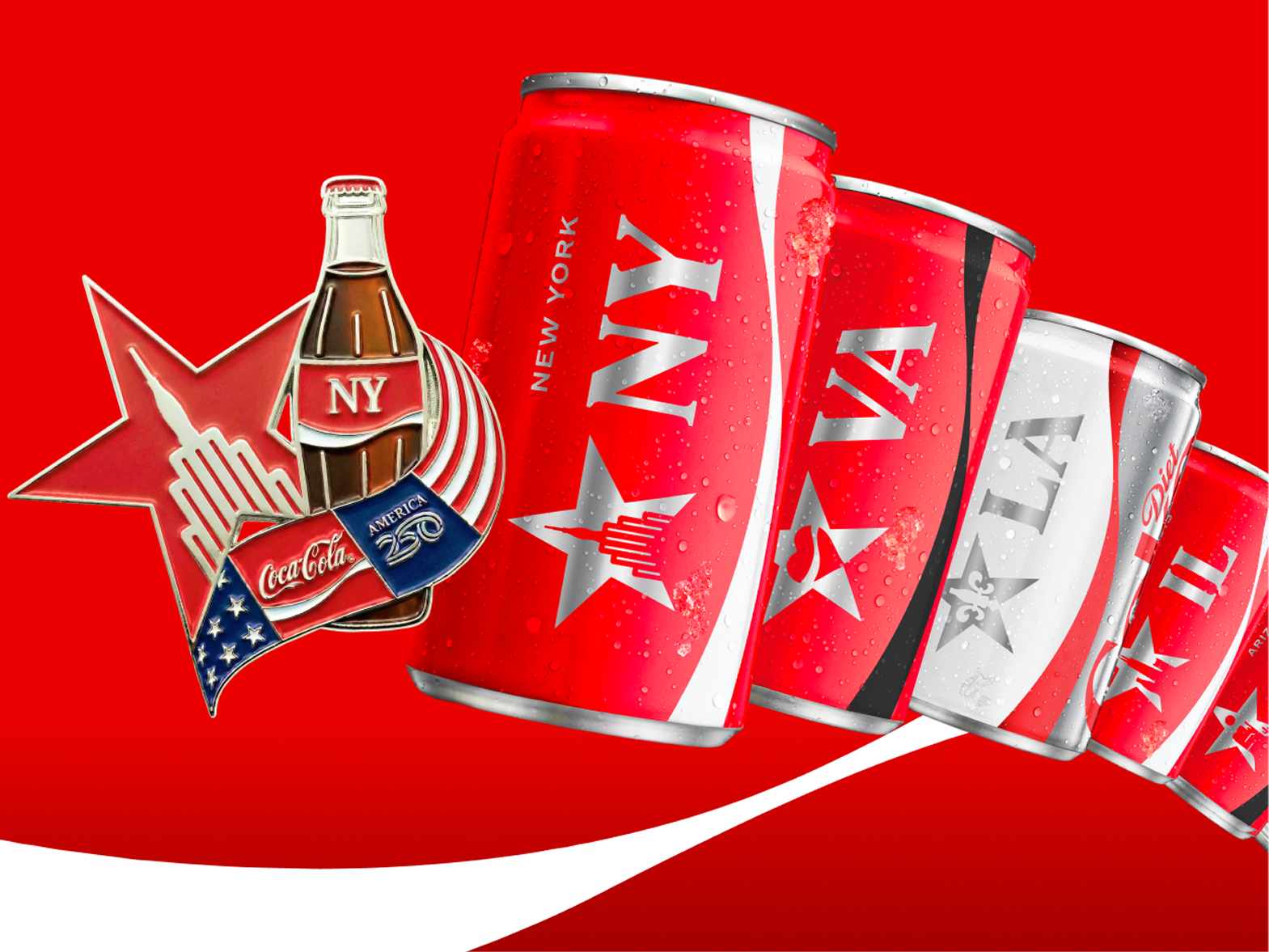 Close‑up of an America250 collectible pin beside a row of Coca‑Cola state cans, highlighting chances to win and start a collection.