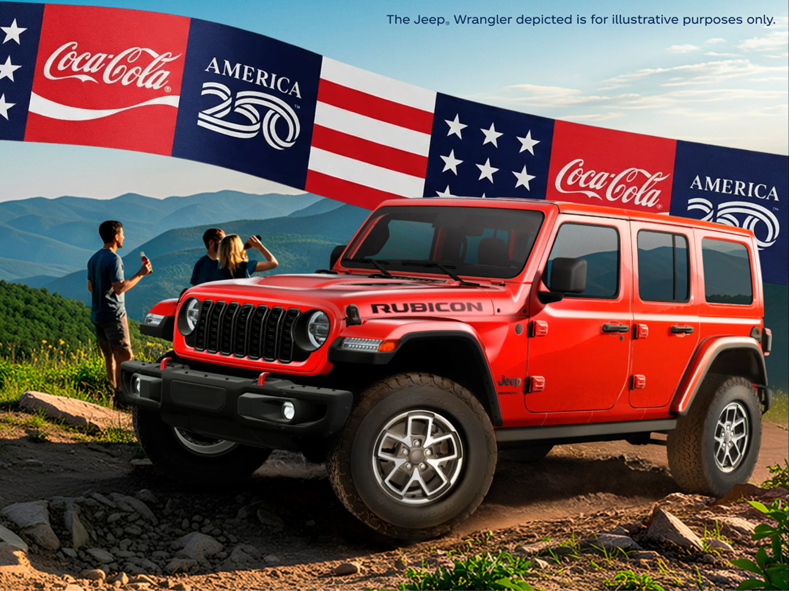 Red Jeep Wrangler on a rocky trail with friends in the background and an America250 Coca‑Cola banner overhead, promoting sweepstakes grand prizes.
