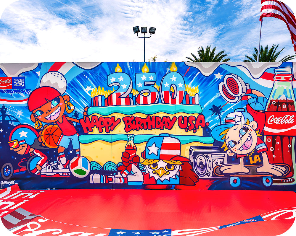 Artist Dave Ross posing in front of his colorful graffiti mural for the Coca‑Cola Paint the Nation campaign.