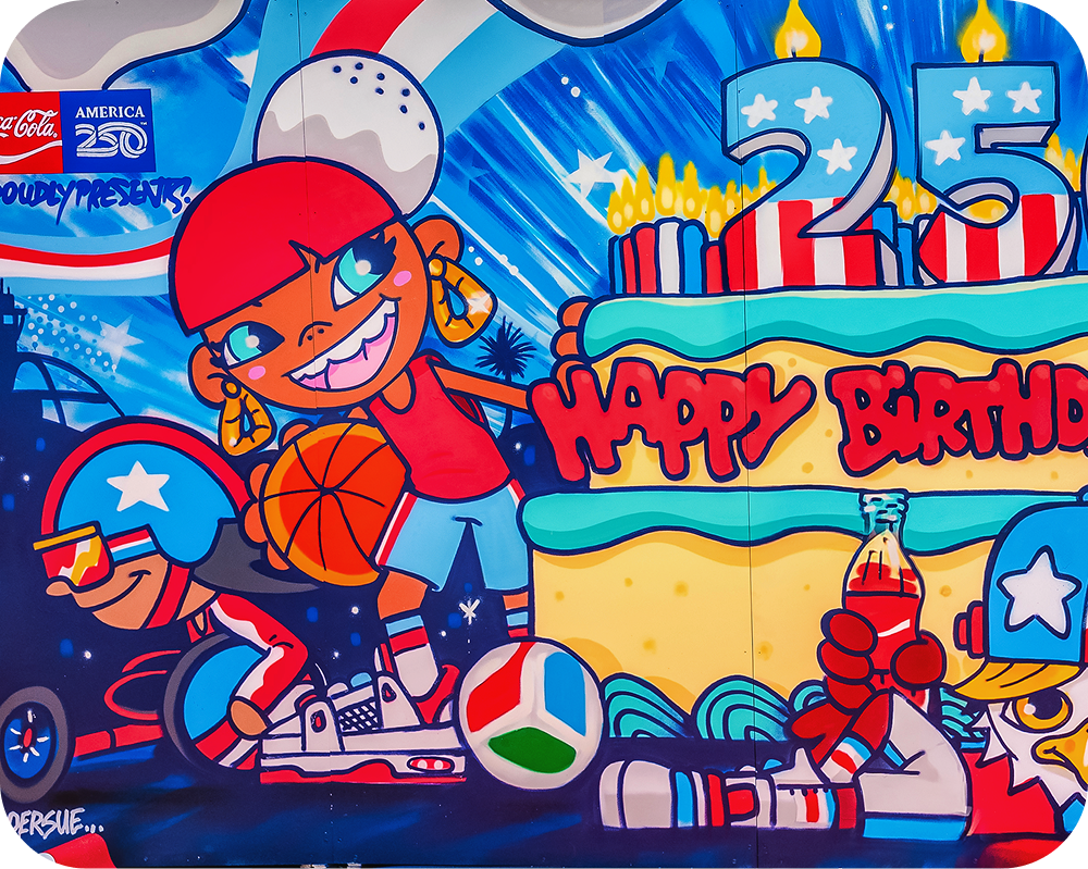 Left detail of the Dave Ross mural showing cartoon kids playing basketball and racing in a wheelchair.