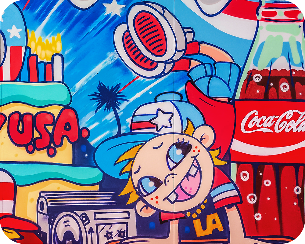 Right side of the Dave Ross mural featuring a skateboarding cartoon kid and a classic glass Coca‑Cola bottle.
