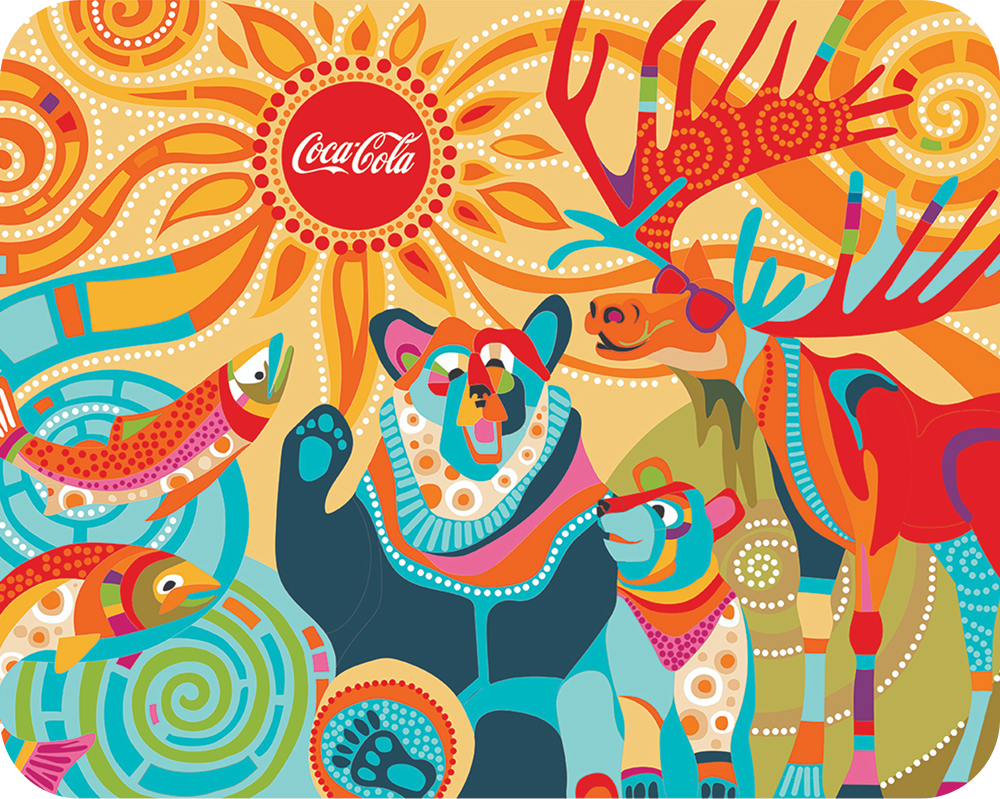 Close-up of Dawn Gerety's colorful Alaskan wildlife mural showing bears, a moose, and a Coca‑Cola sun graphic.