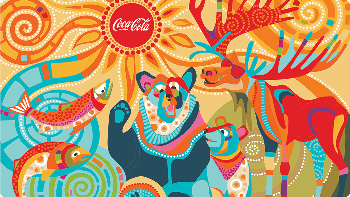 Digital rendering of the colorful Alaska mural with a bear, moose, and fish centered around the Coca-Cola logo.