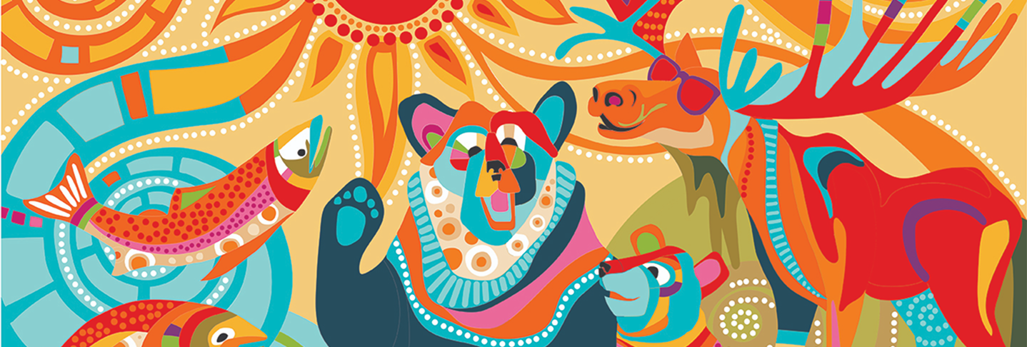 A brightly colored banner of the Anchorage mural showing a stylized bear, moose, and fish in a folk-art style.