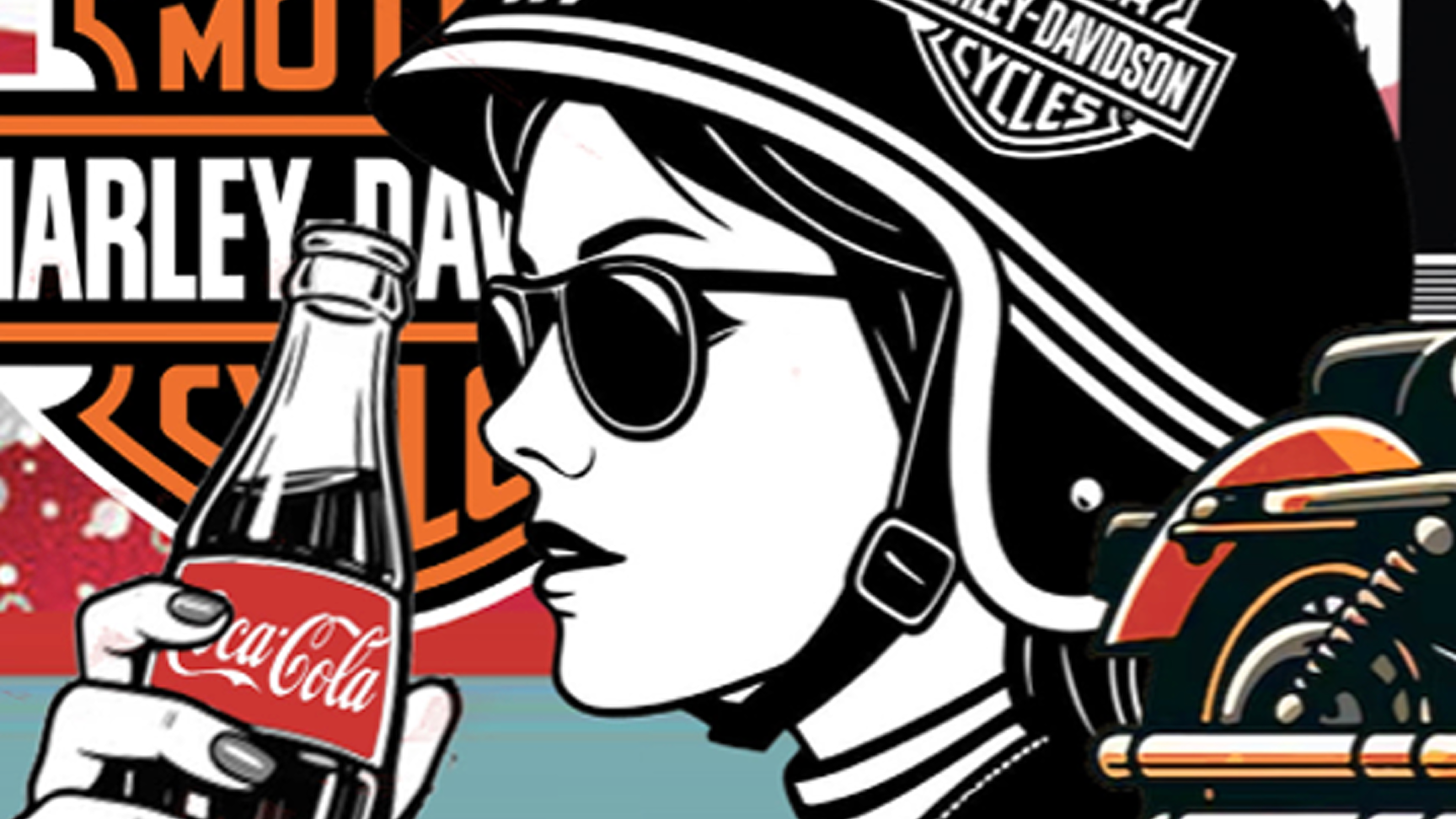 Bold pop art Coca‑Cola and Harley‑Davidson mural detail with helmet, bottle and shield logo on red background.