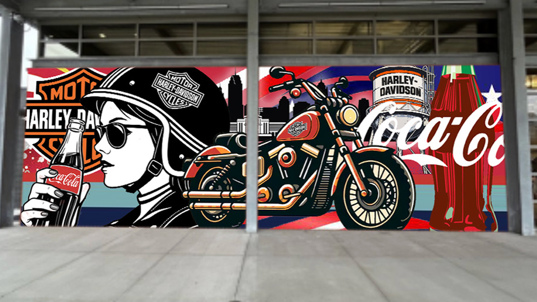Wide Coca‑Cola and Harley‑Davidson Paint the Nation mural across storefront featuring helmet, motorcycle, skyline and bottle.