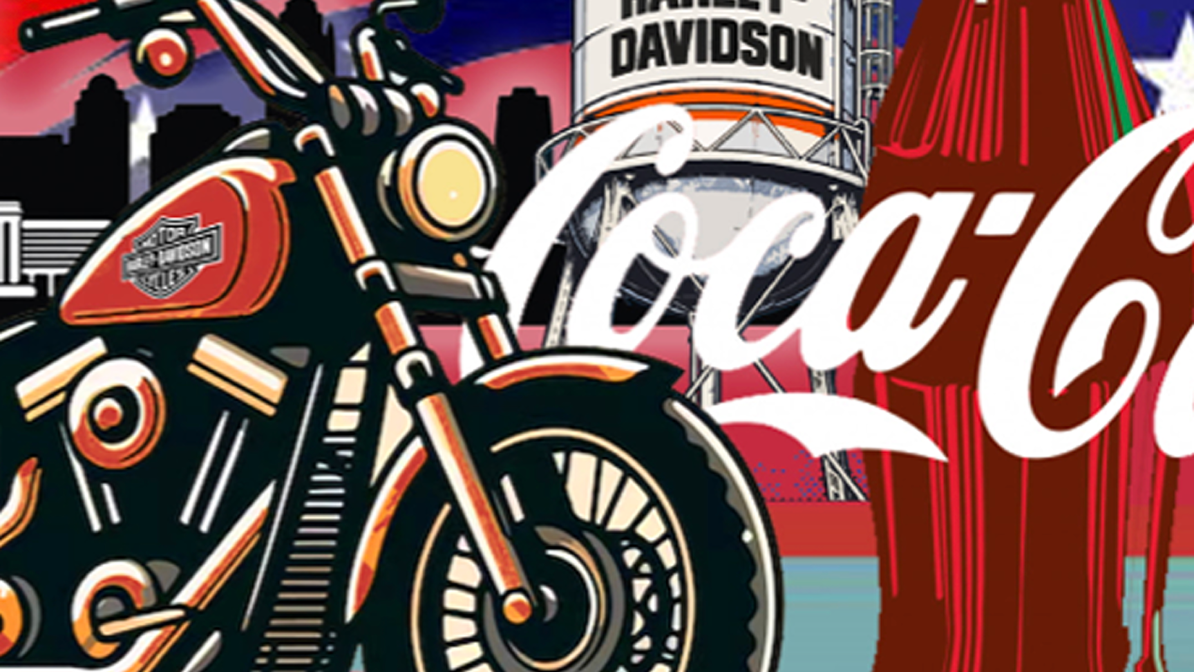 Close‑up of Coca‑Cola and Harley‑Davidson motorcycle mural highlighting red bike, skyline silhouettes and branded water tower.