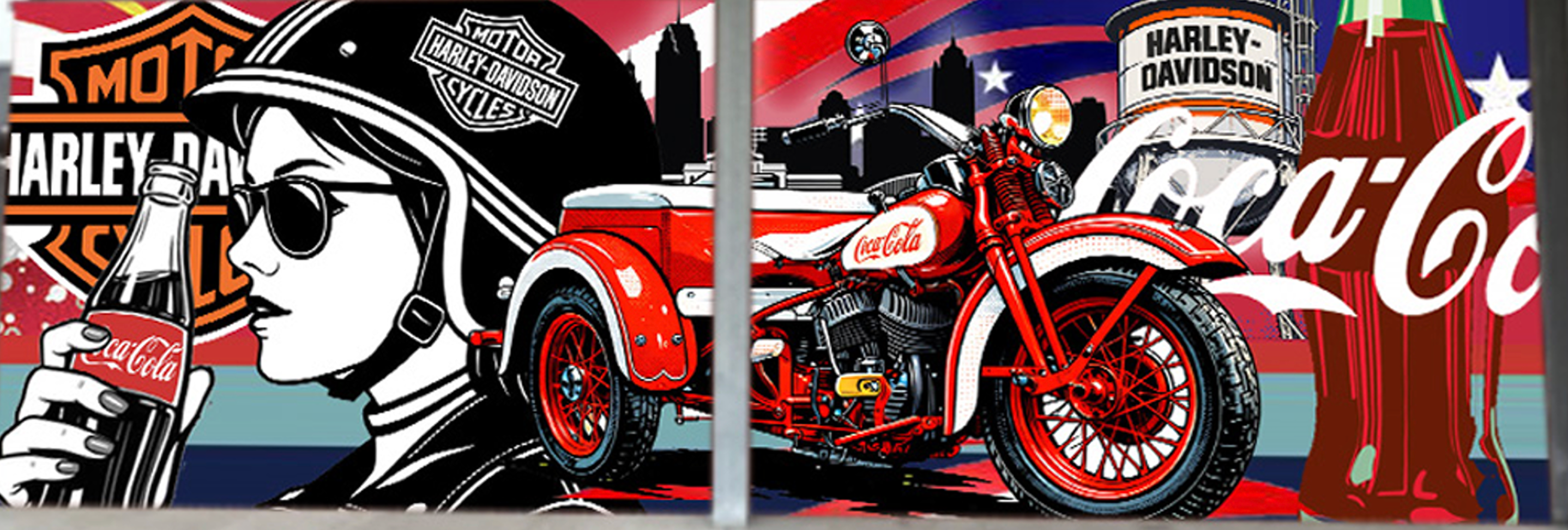 Desktop banner of Coca‑Cola and Harley‑Davidson Paint the Nation mural with female rider, motorcycle and giant Coke bottle.