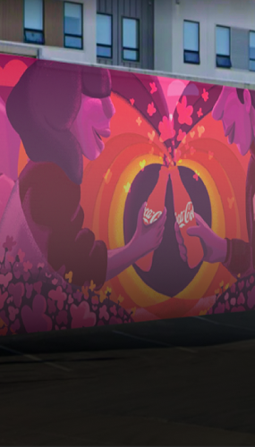 mural of two stylized figures clinking Coca-Cola bottles in pink and orange heart patterns