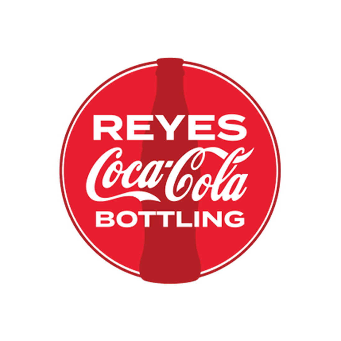 Red circular Reyes Coca‑Cola Bottling logo featuring a classic contour bottle silhouette in the background.