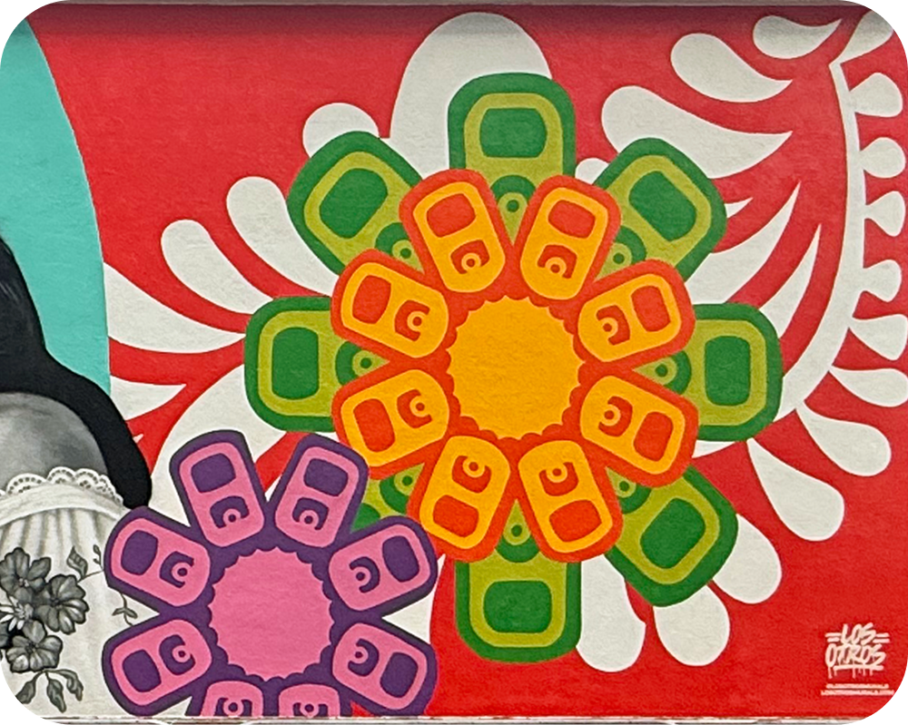 Colorful floral patterns made of painted soda tabs on the Los Otros mural for the Paint the Nation campaign.