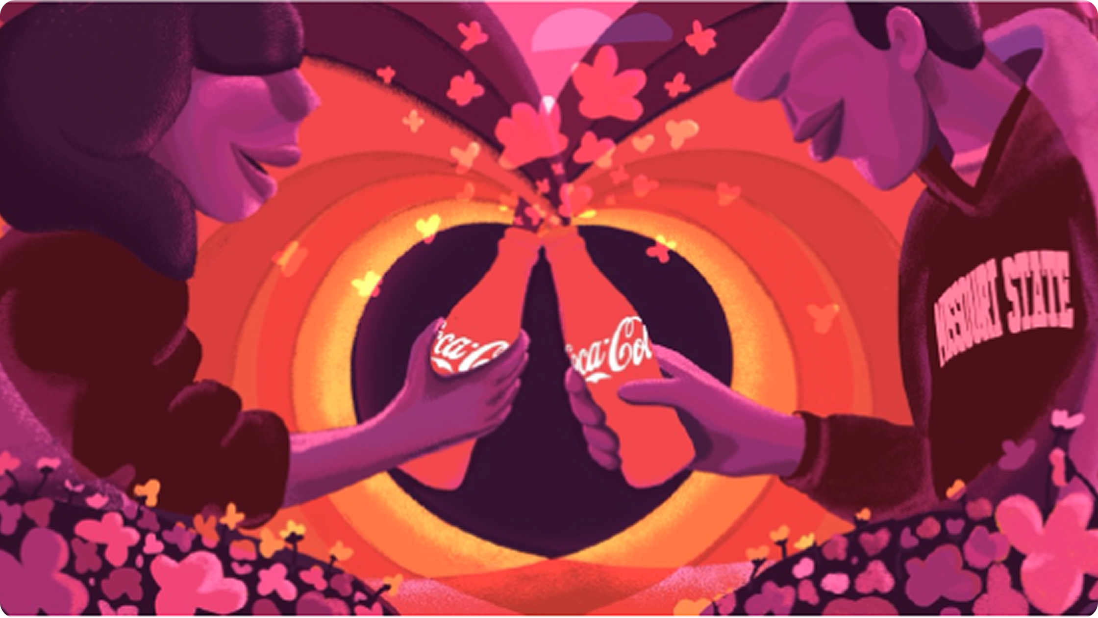 Colorful Meg Wagler illustration of two stylized people clinking Coca-Cola bottles, surrounded by pink hearts and butterflies.
