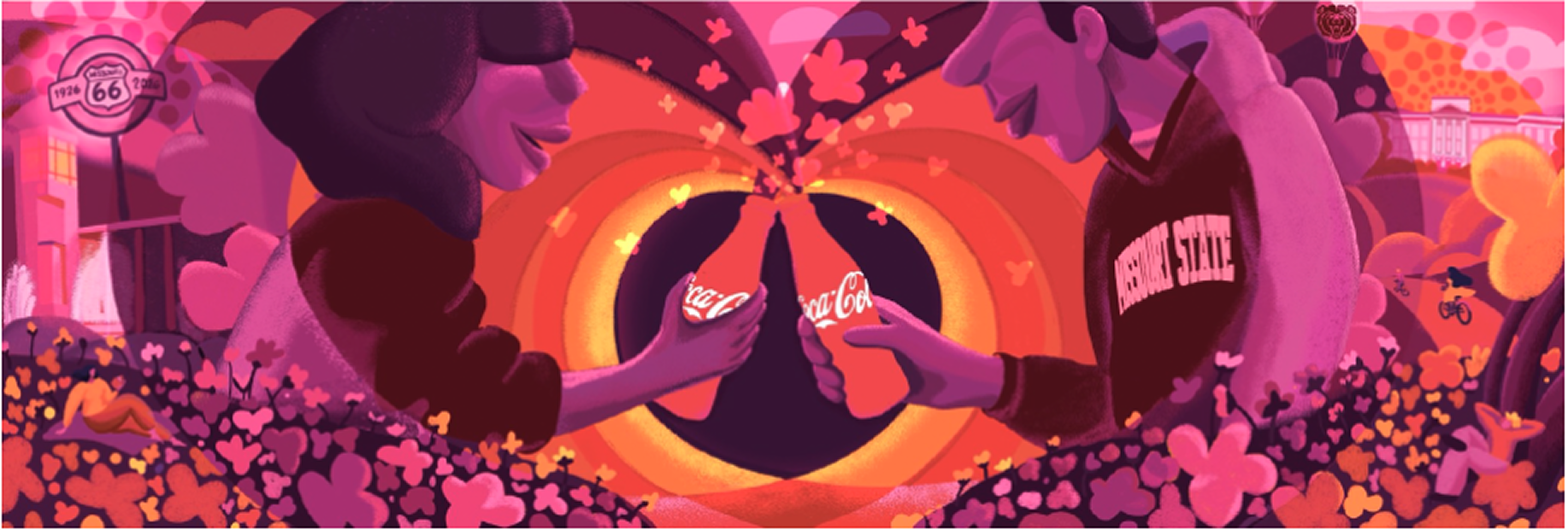 Vibrant pink and orange mural of two students clinking Coca‑Cola bottles, surrounded by flowers, Route 66 signage and campus landmarks.