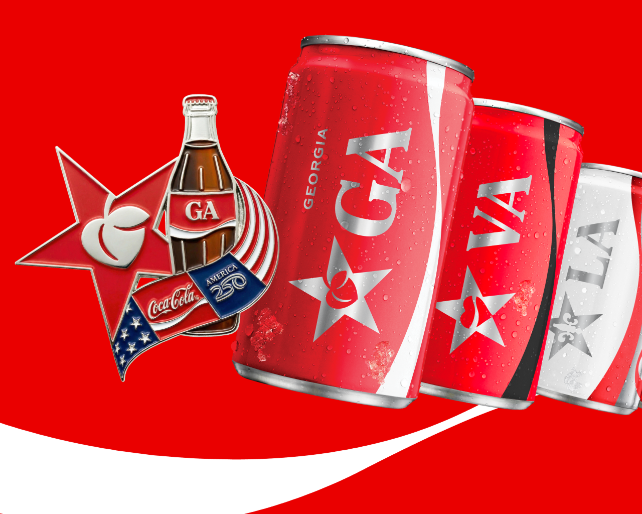 Coca-Cola state cans for Georgia, Virginia, and Louisiana displayed next to a patriotic America250 star pin.