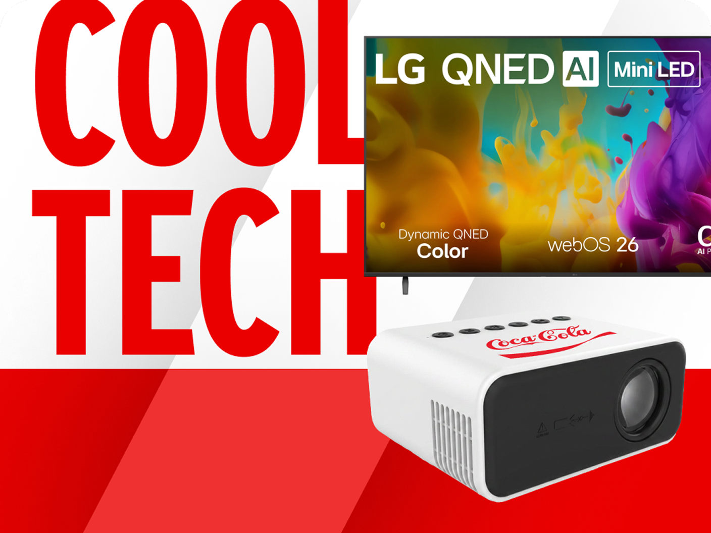 Cool tech promotional prizes featuring an LG QNED TV and a white Coca-Cola mini projector.