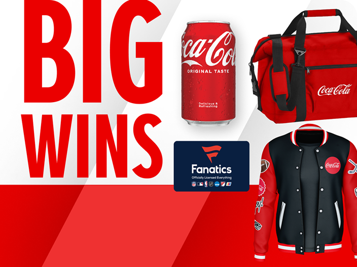Coca-Cola football gear prizes including a varsity jacket, duffel bag, and a Fanatics gift card.