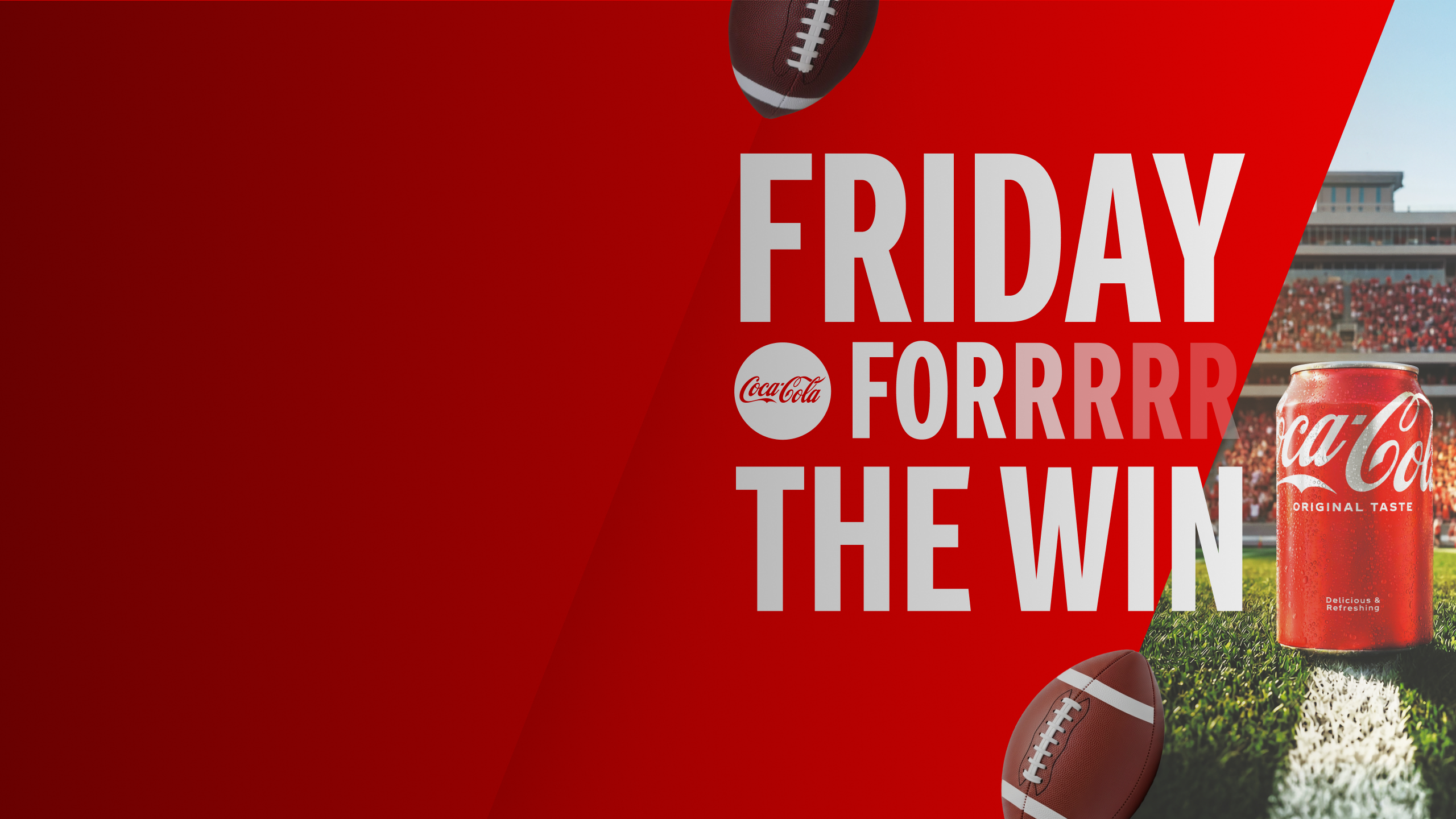 Coca-Cola Friday For The Win football campaign banner featuring a can of Coke on a stadium field.
