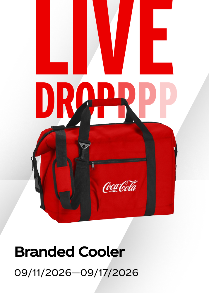 Live weekly prize drop featuring a red Coca-Cola branded cooler for the Fall Football promo.