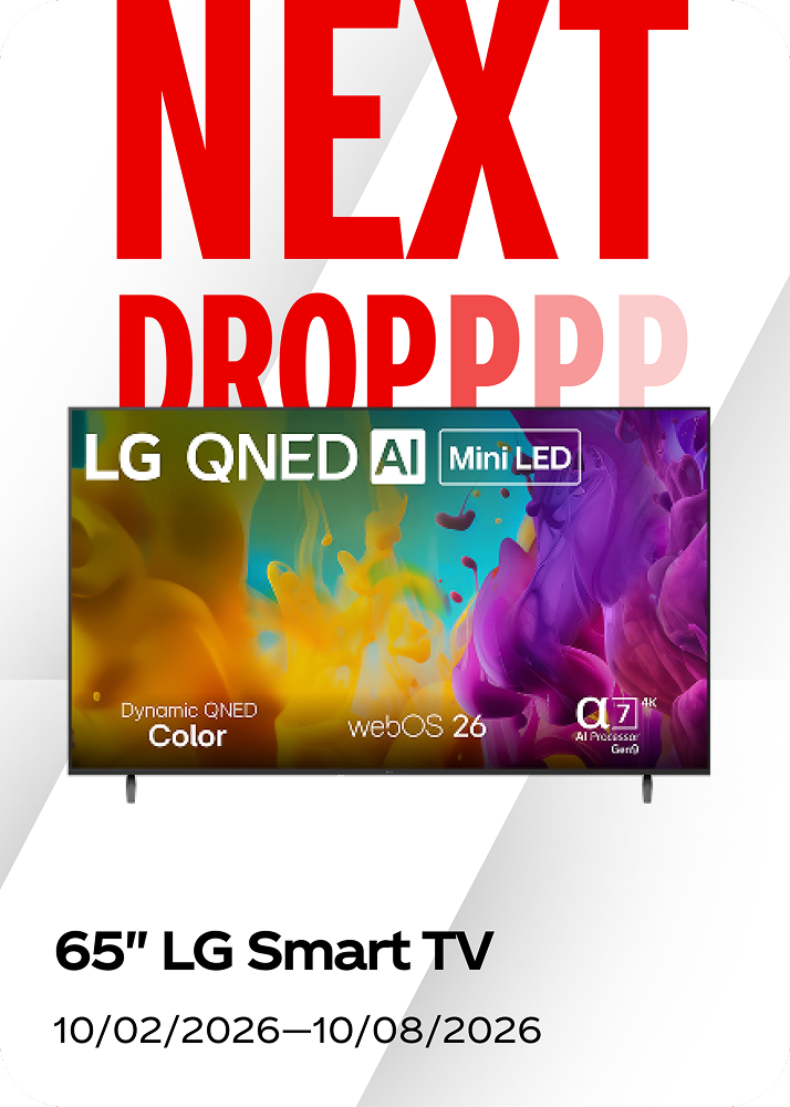 Live weekly prize drop showcasing a 65 inch LG Smart TV for the Fall Football sweepstakes.