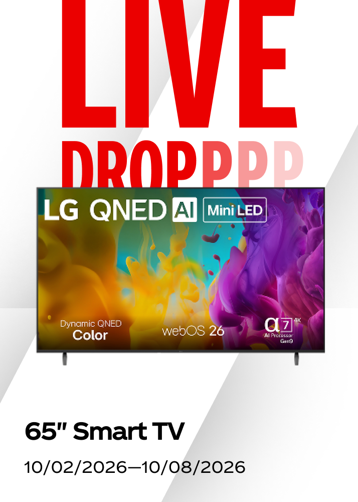 Live weekly prize drop showcasing a 65 inch LG Smart TV for the Fall Football sweepstakes.