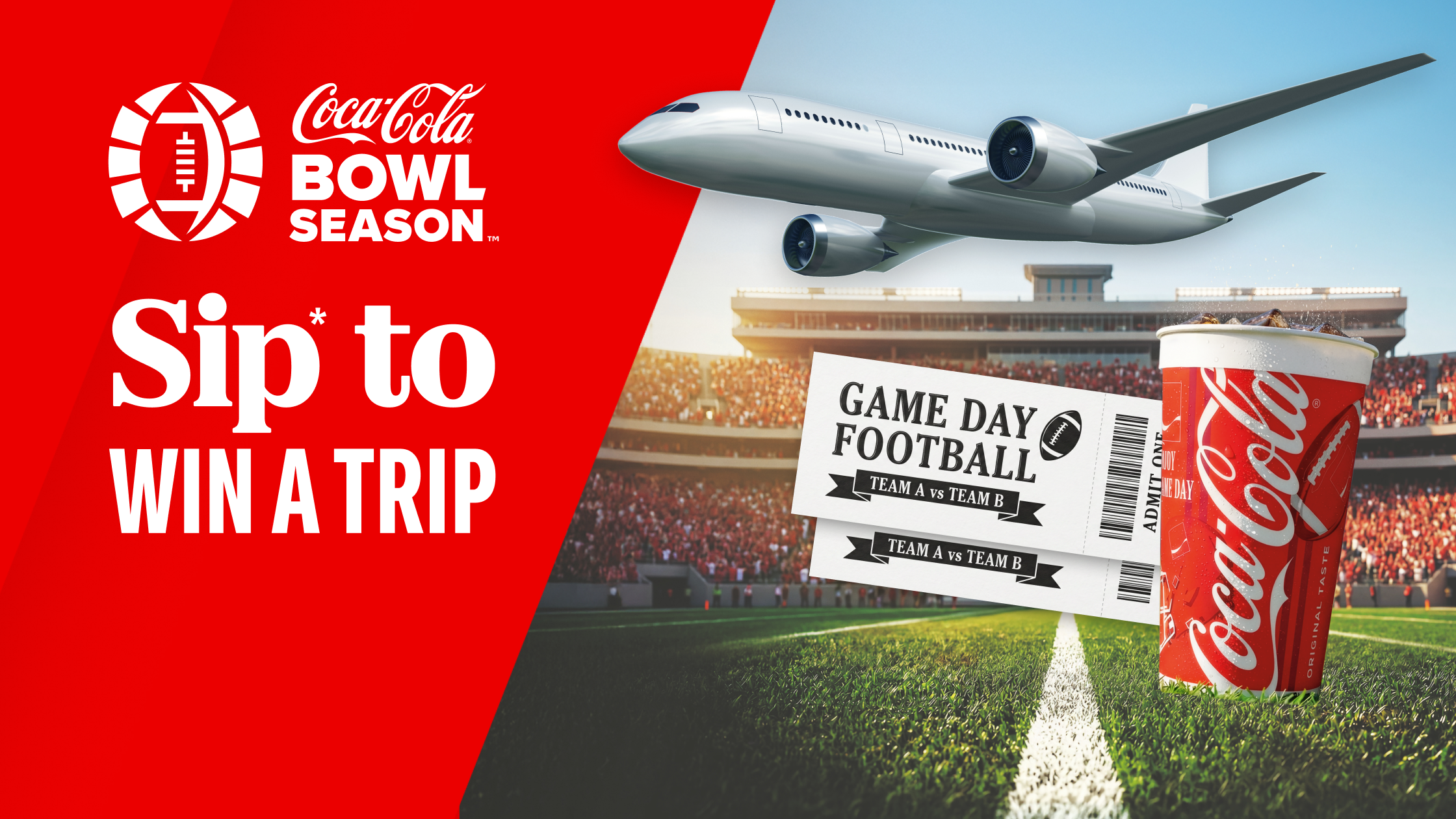 Airplane flying over a stadium with football tickets and a Coke cup for the Bowl Season flyaway trip sweepstakes.