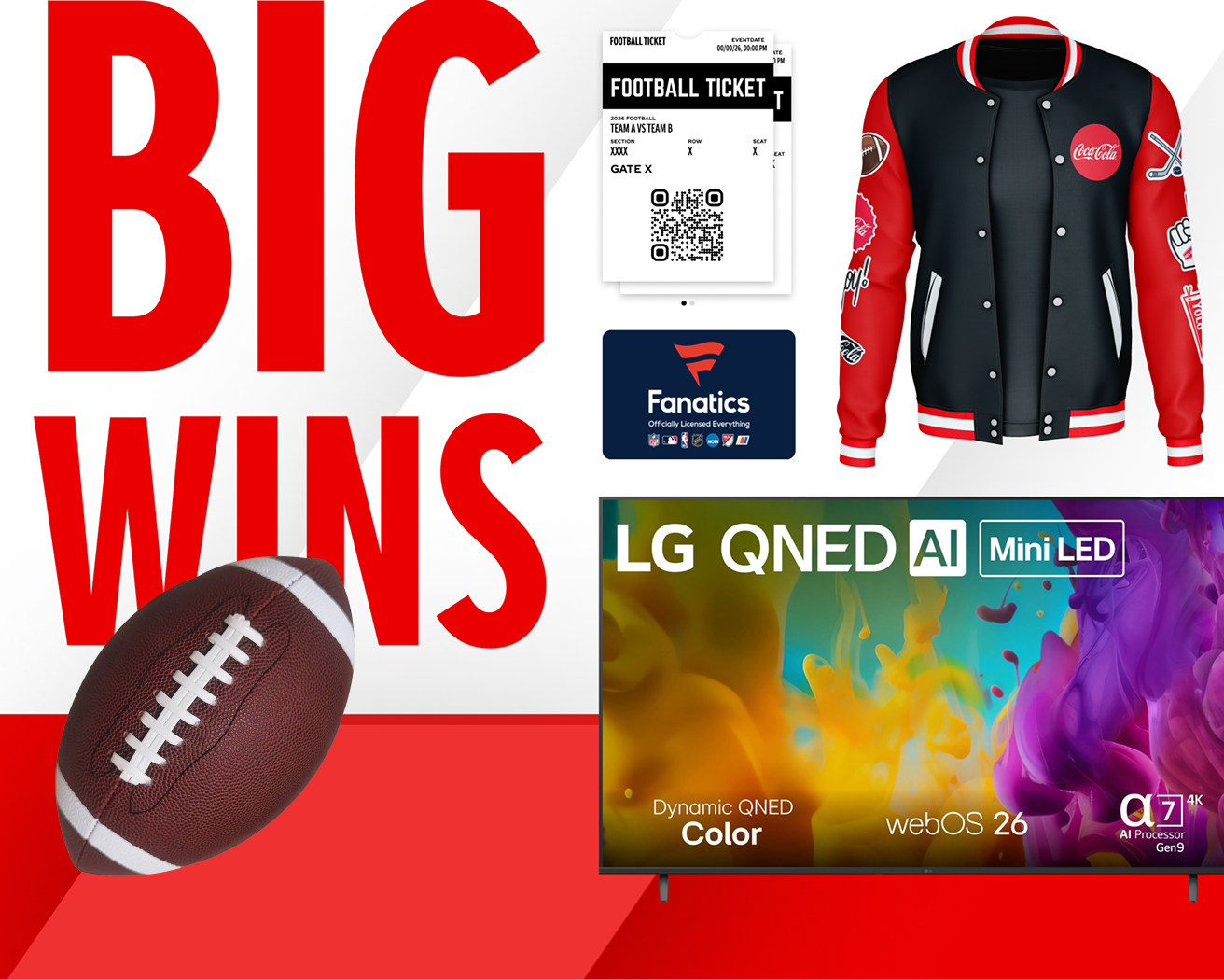 Collage of flyaway trip sweepstakes prizes including a smart TV, jacket, tickets, and gift card next to Big Wins text.